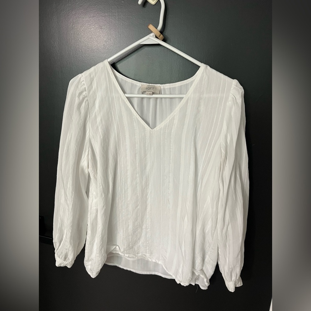LOFT White Pleated 3/4 Sleeve Blouse